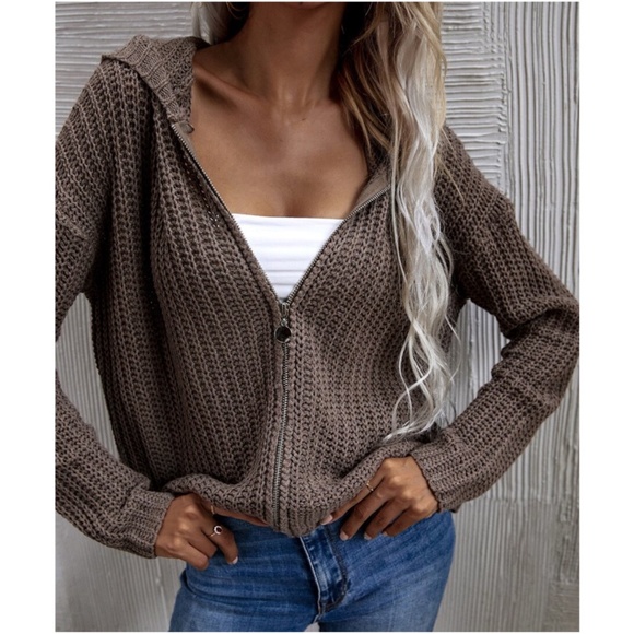 Cozy Brown Zip up Oversized Hoodie Knit Cardigan